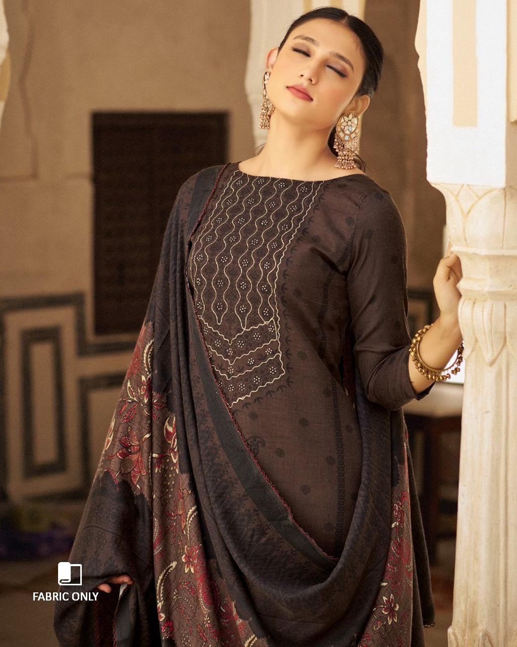 Ancient Lavastone Brown Pashmina Designer Print Unstitched Dress Material