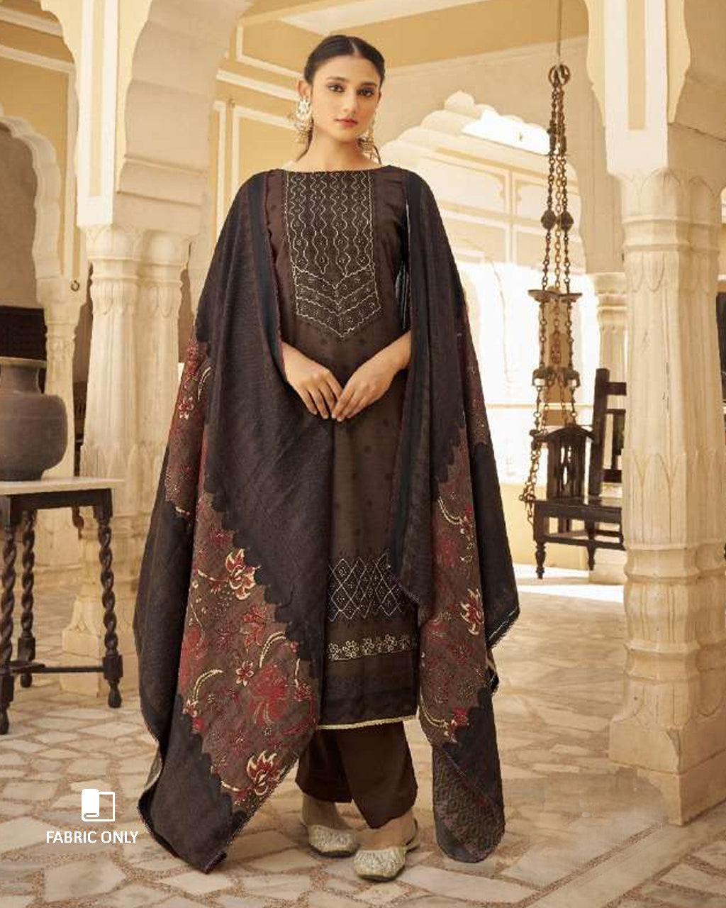 Ancient Lavastone Brown Pashmina Designer Print Unstitched Dress Material