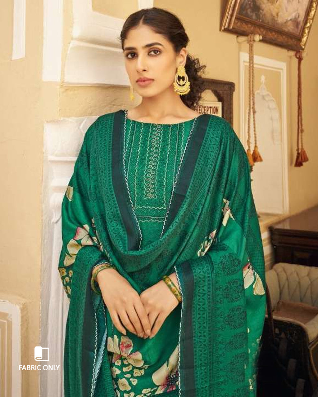 Green Pea Pashmina Designer Print Unstitched Dress Material