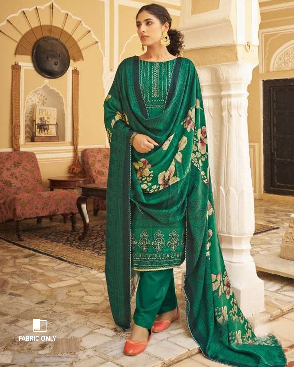Green Pea Pashmina Designer Print Unstitched Dress Material