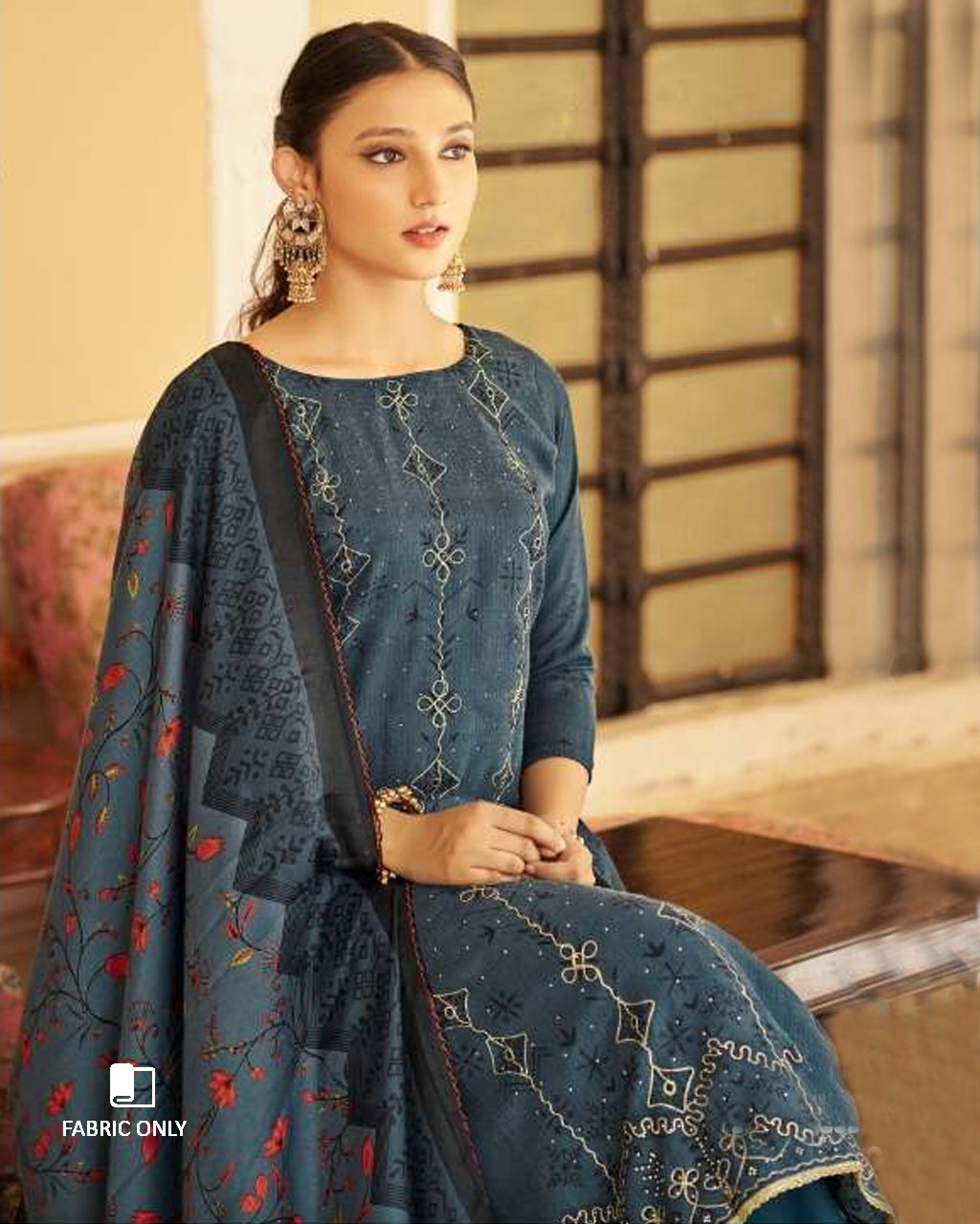 River Bed Blue Pashmina Designer Print Unstitched Dress Material