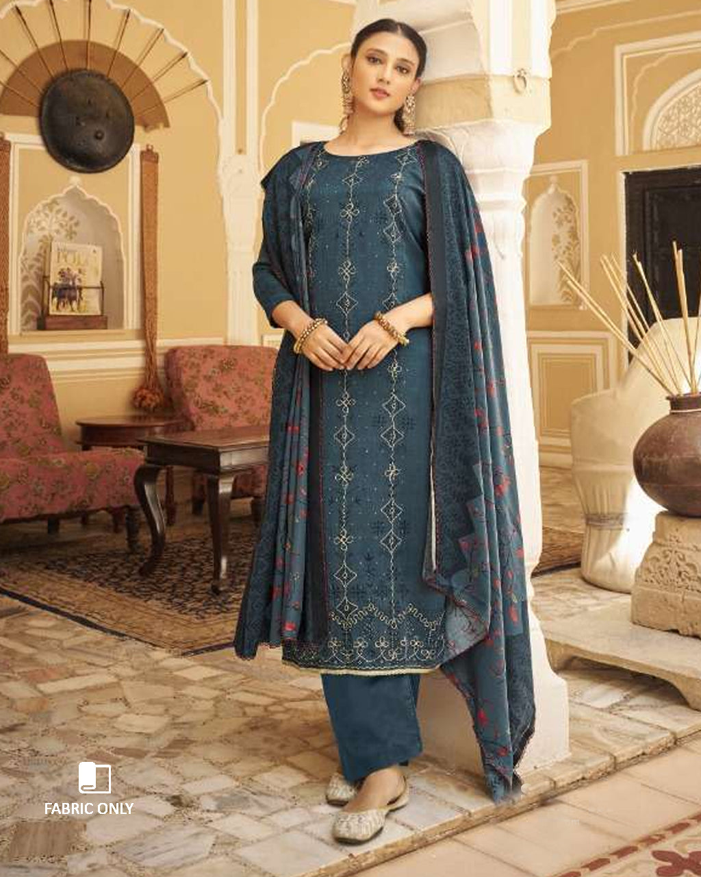 River Bed Blue Pashmina Designer Print Unstitched Dress Material