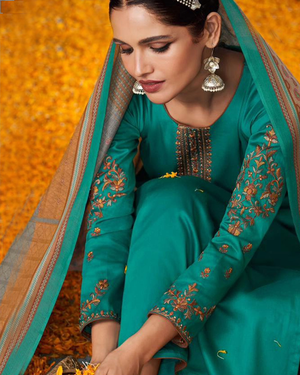 Elf Green Unstitched Satin Designer Dress Fabric