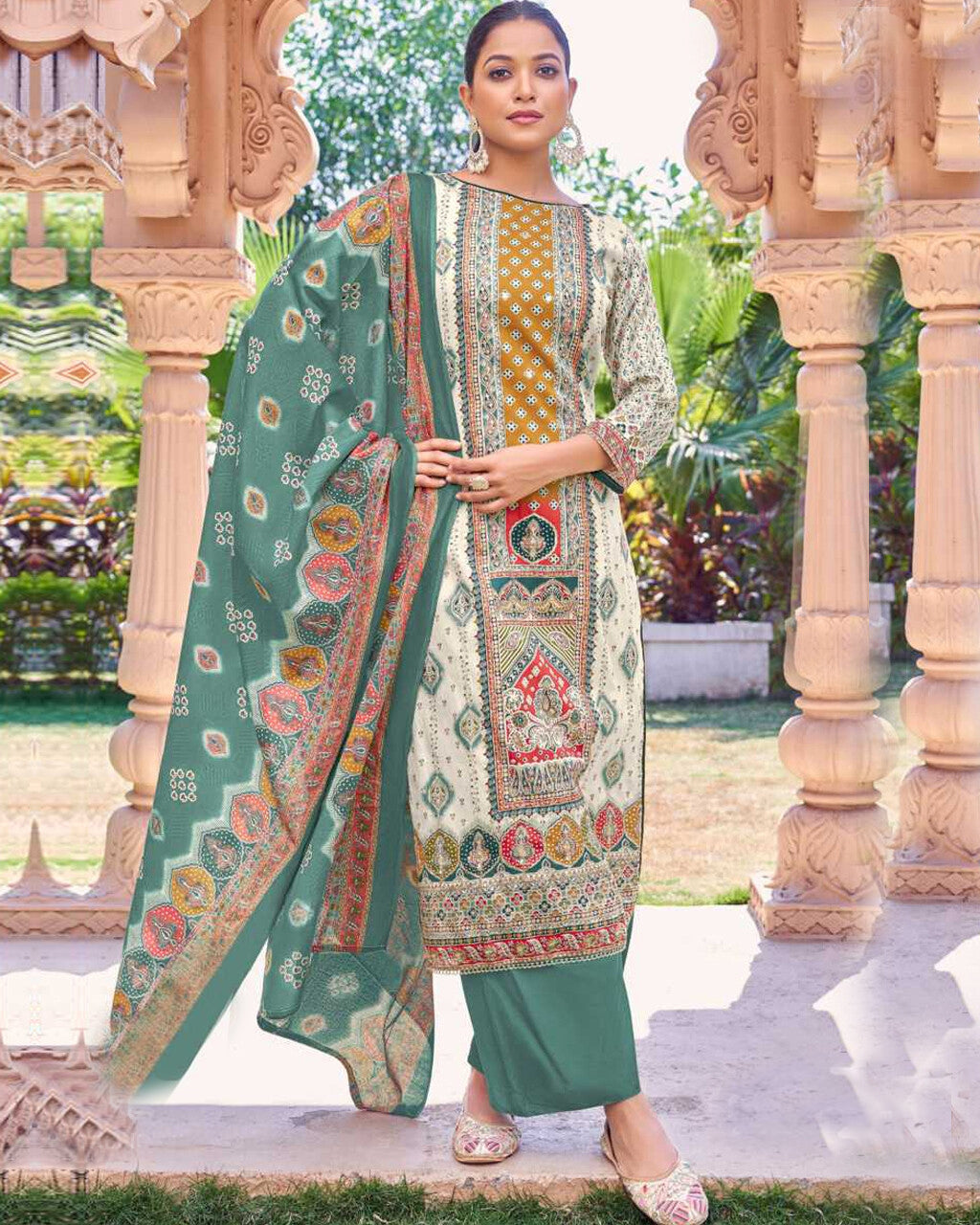 Carnival Orange & White Jam Cotton Discharge Print Festive Radiance Ensemble