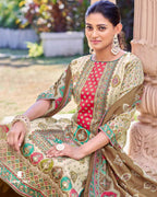 French Beige & Red Jam Cotton Discharge Print Unstitched Dress Material