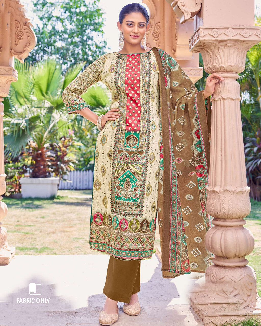 French Beige & Red Jam Cotton Discharge Print Unstitched Dress Material