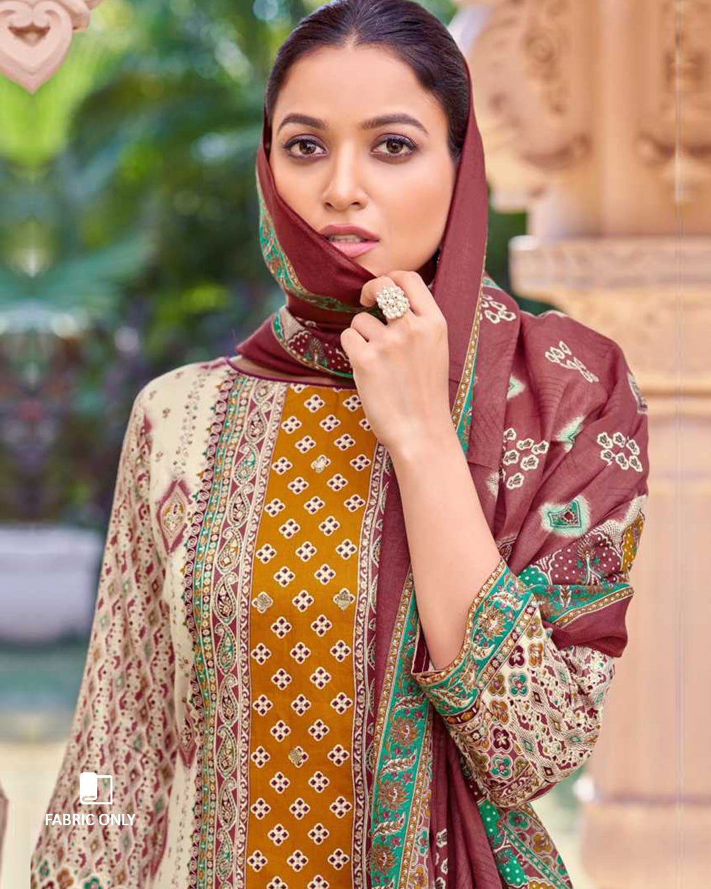 Copious Caramel & White Zam Cotton Discharge Print Unstitched Dress Material