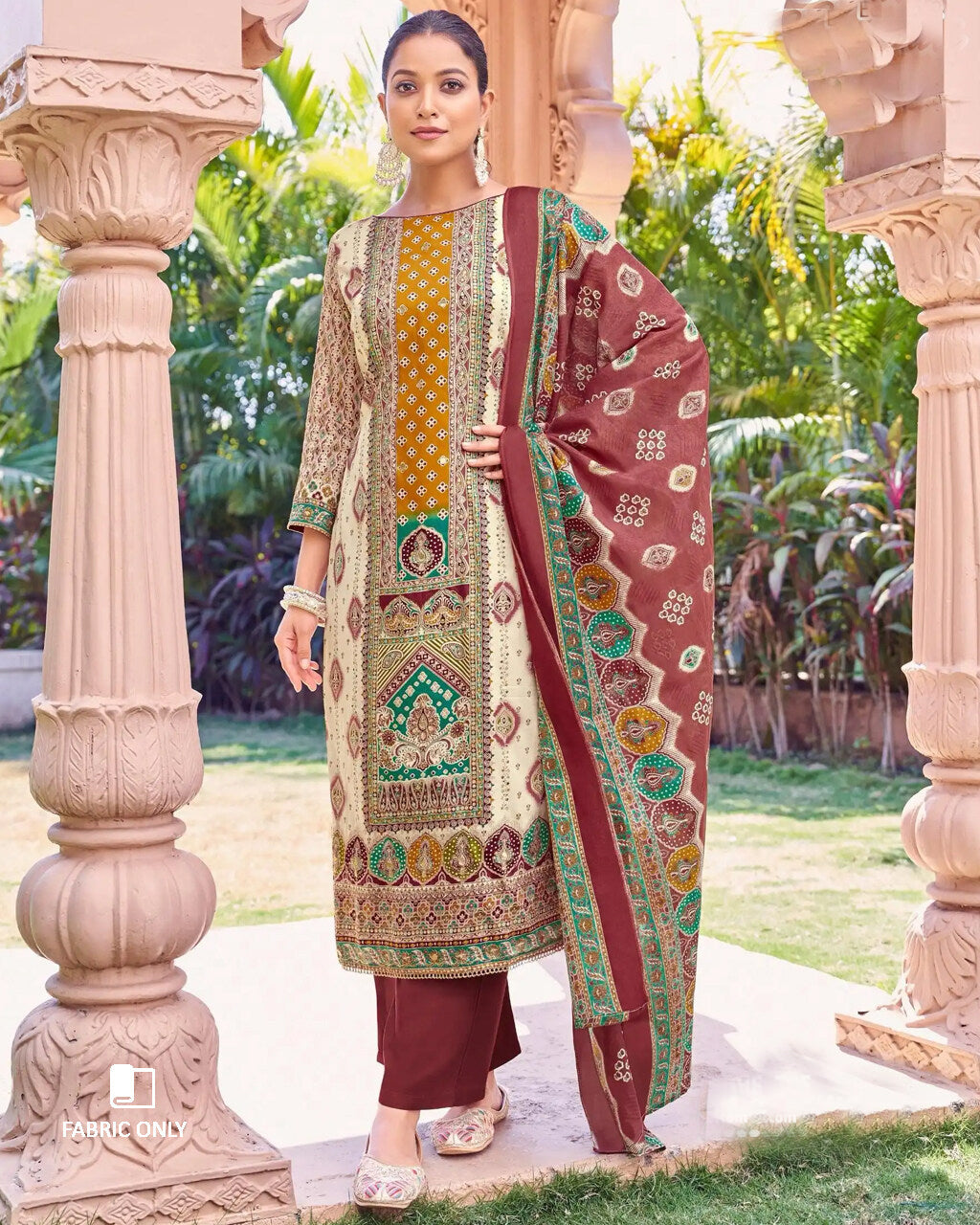 Copious Caramel & White Zam Cotton Discharge Print Unstitched Dress Material