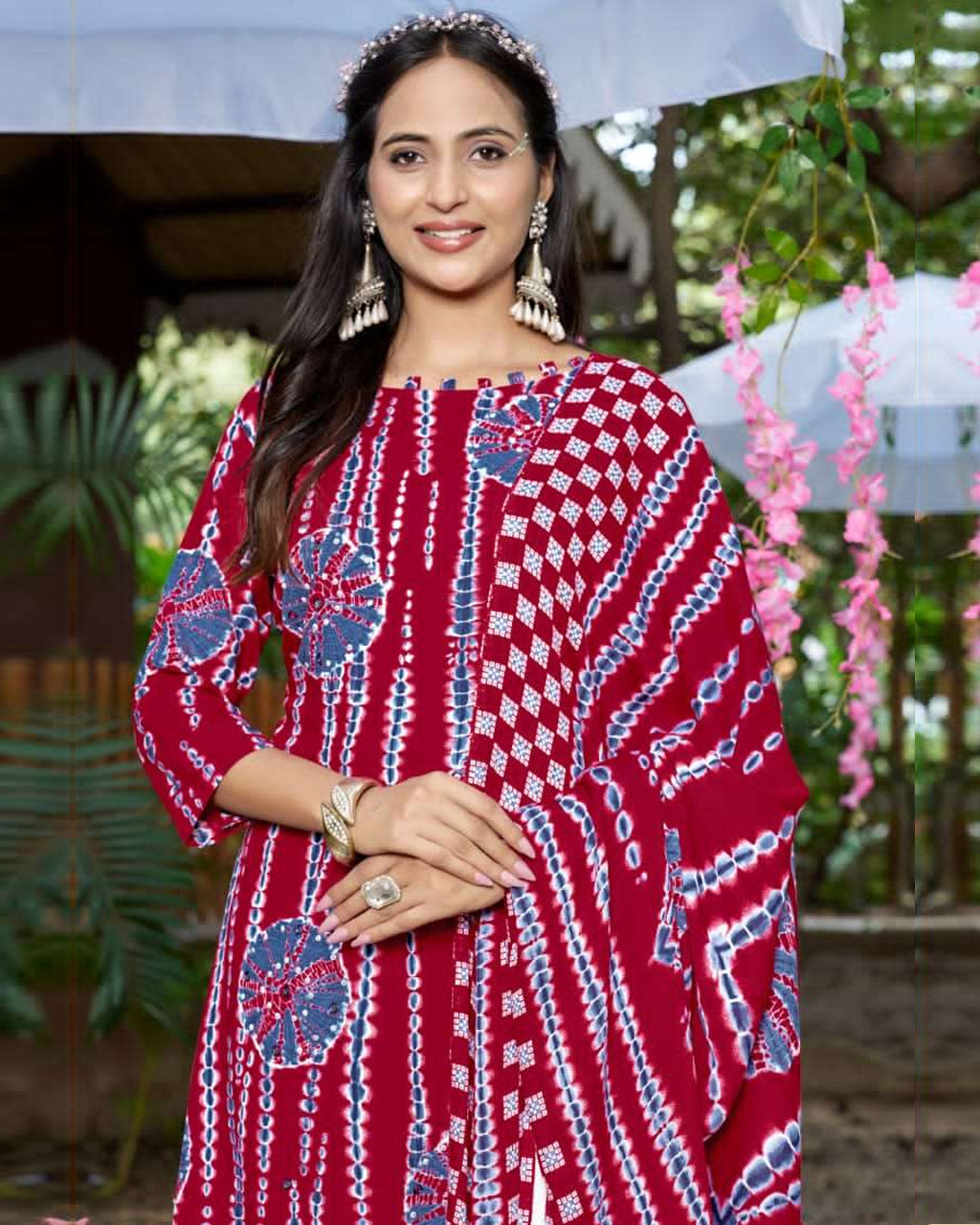 Nigritella Red Bandhani Mirror Viscose Rayon