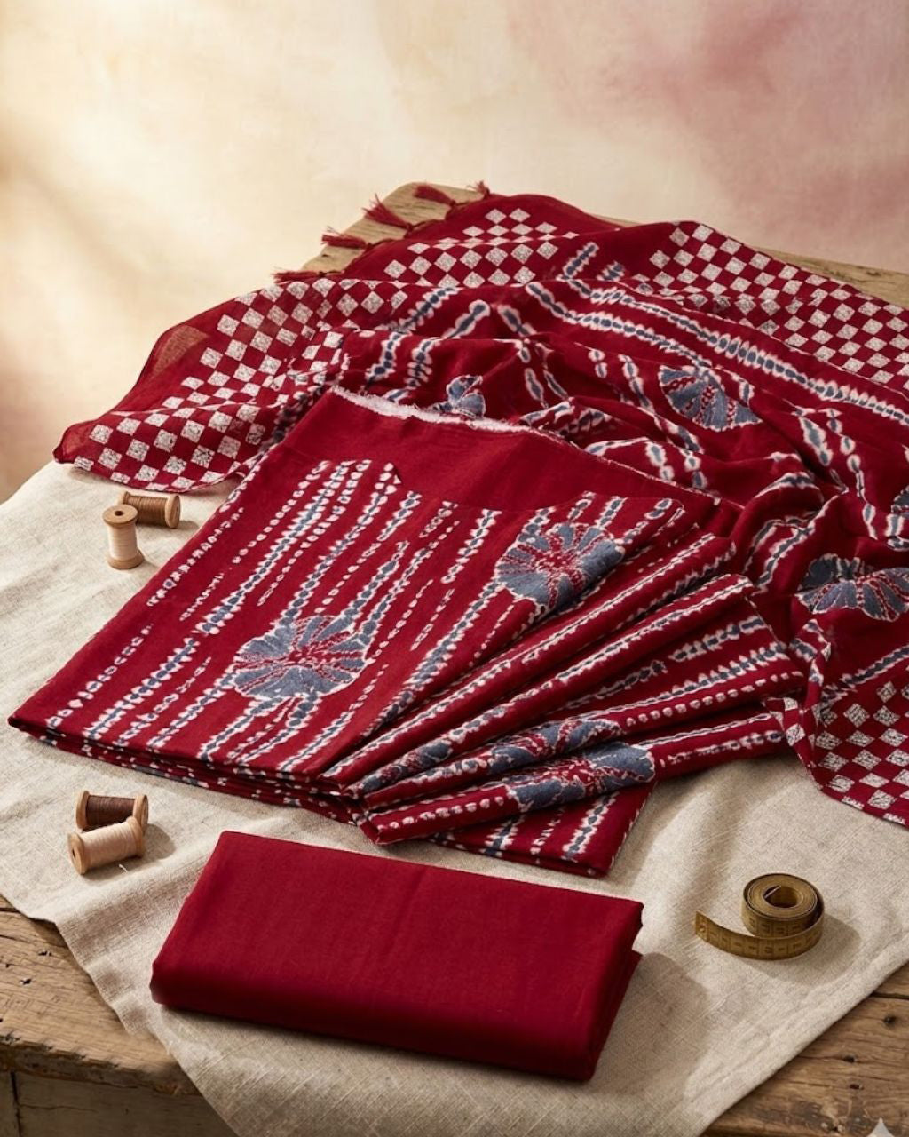 Nigritella Red Bandhani Mirror Viscose Rayon