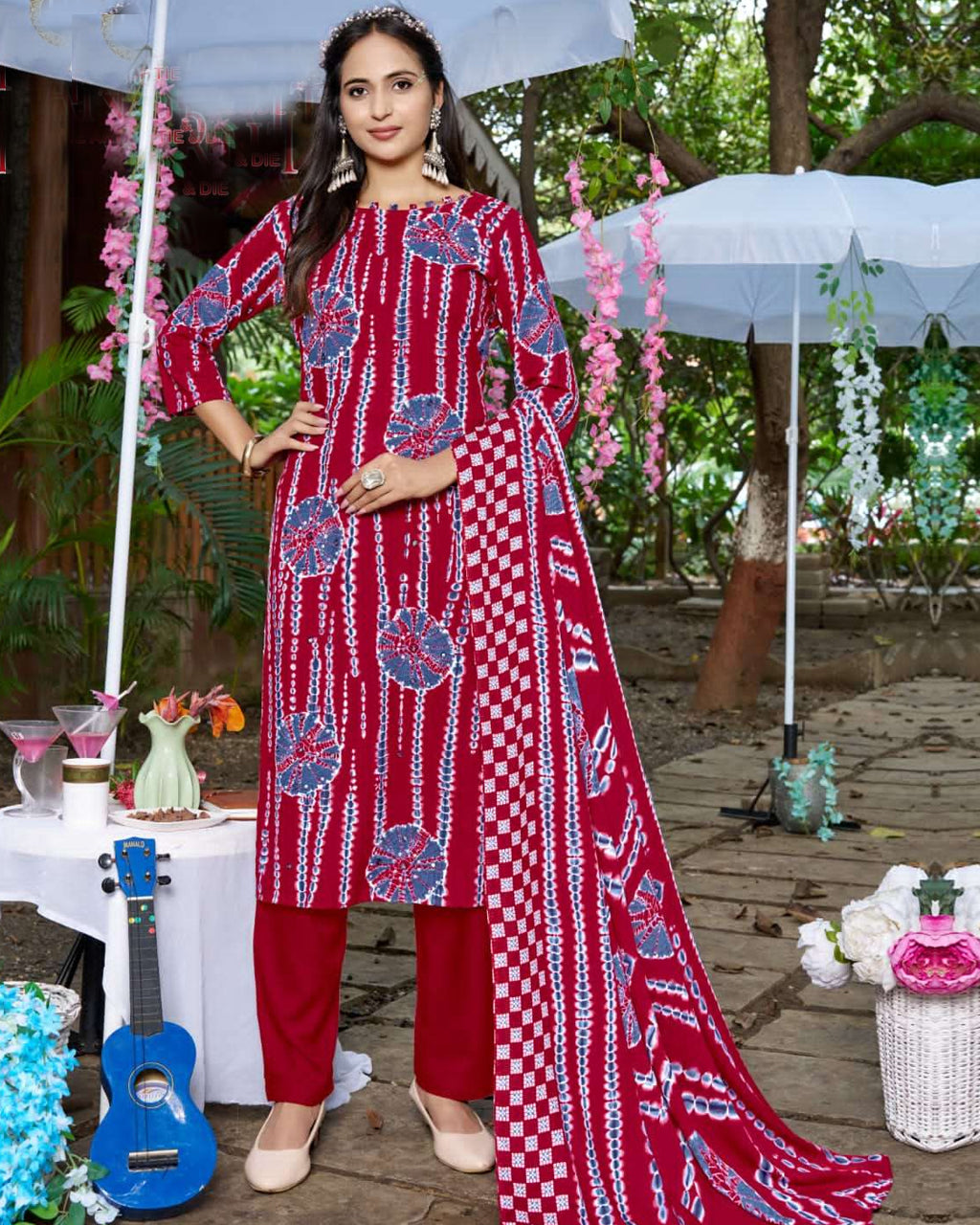 Nigritella Red Bandhani Mirror Viscose Rayon
