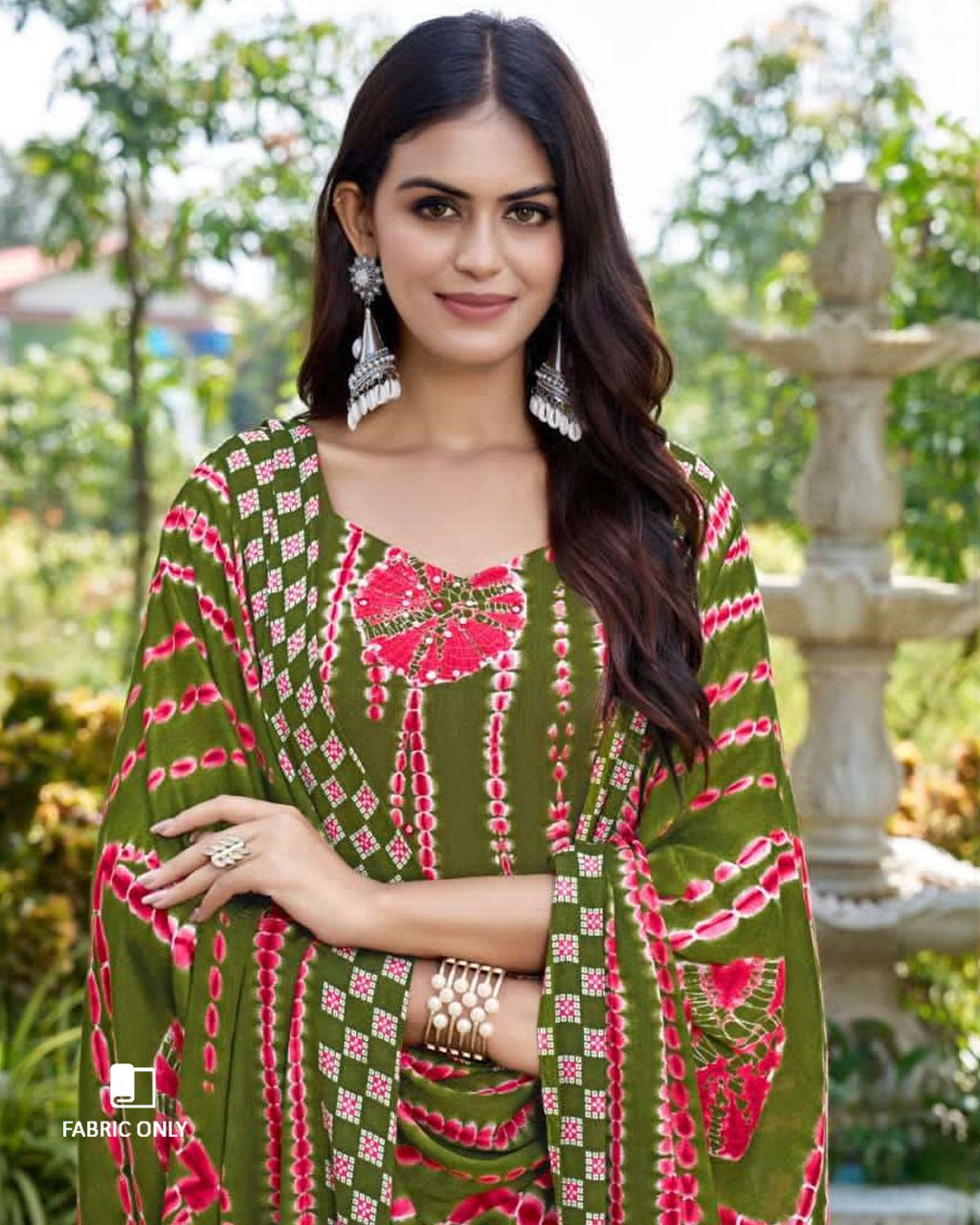 Forestial Outpost Green Viscose Rayon Bandhani Print Unstitched Dress Material