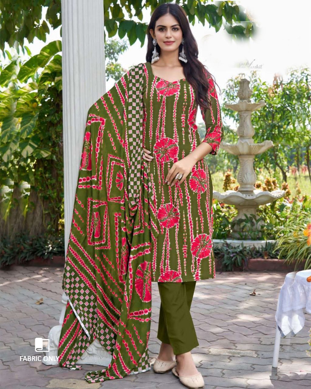 Forestial Outpost Green Viscose Rayon Bandhani Print Unstitched Dress Material