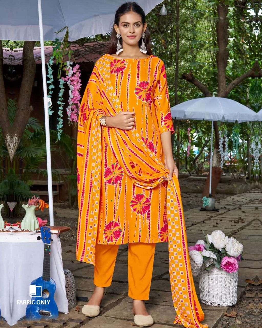 Tangerine Skin Yellow Orange Viscose Rayon Bandhani Print Unstitched Dress Material