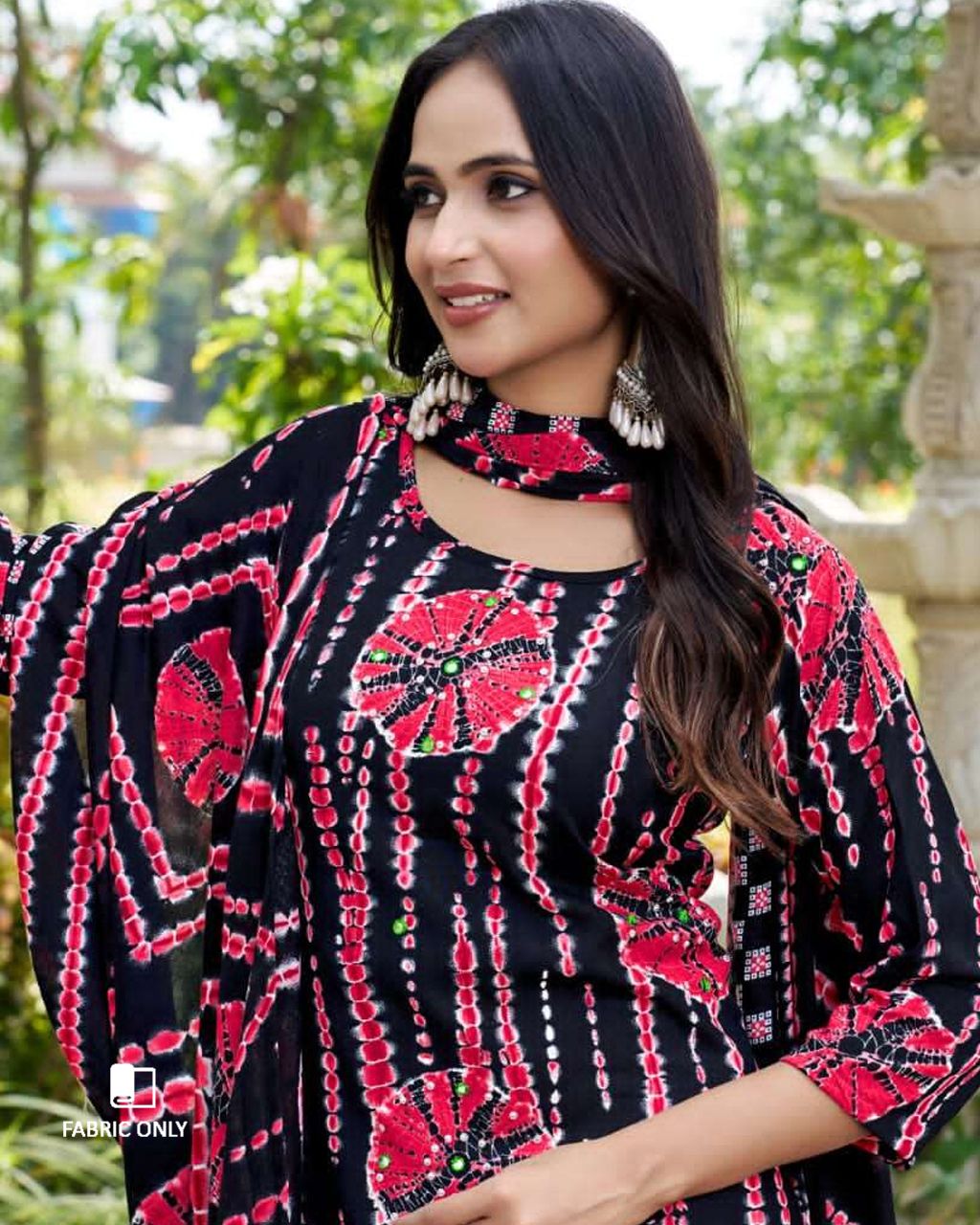 Dark Matter Black Viscose Rayon Bandhani Print Unstitched Dress Material