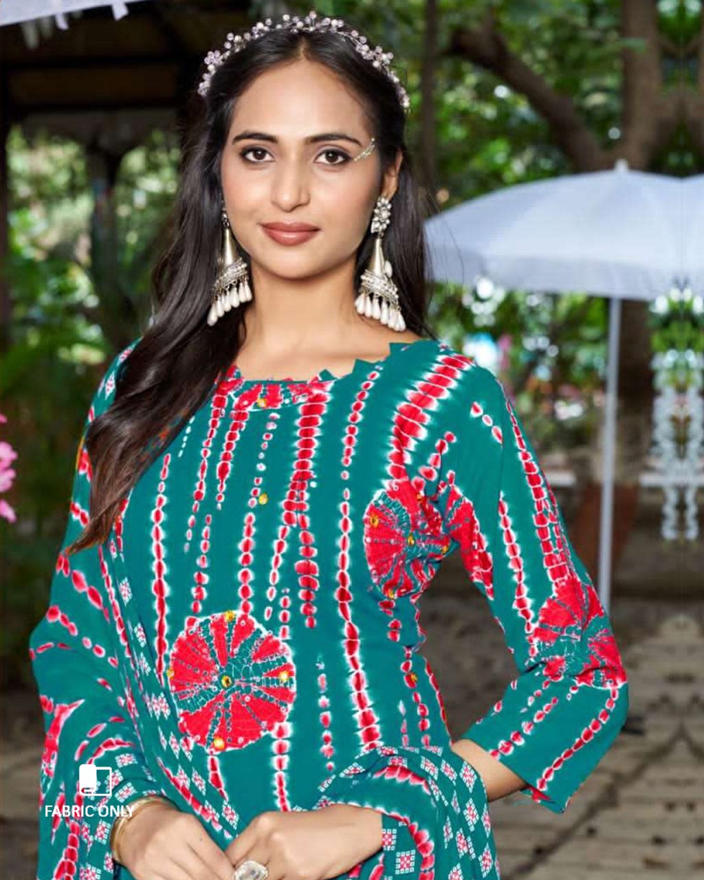 Petrol Blue Viscose Rayon Bandhani Print Unstitched Dress Material