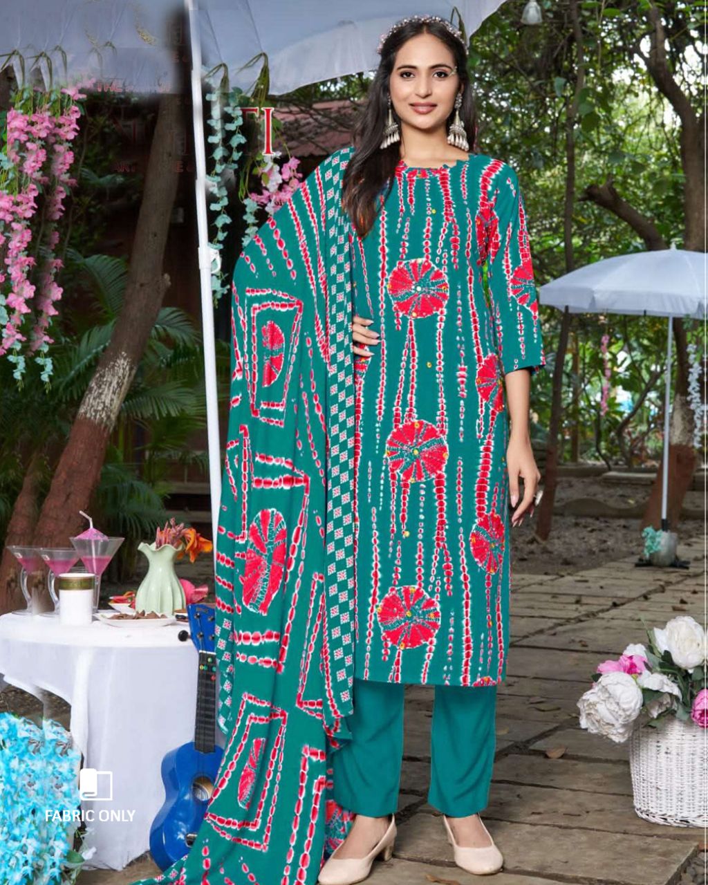 Petrol Blue Viscose Rayon Bandhani Print Unstitched Dress Material