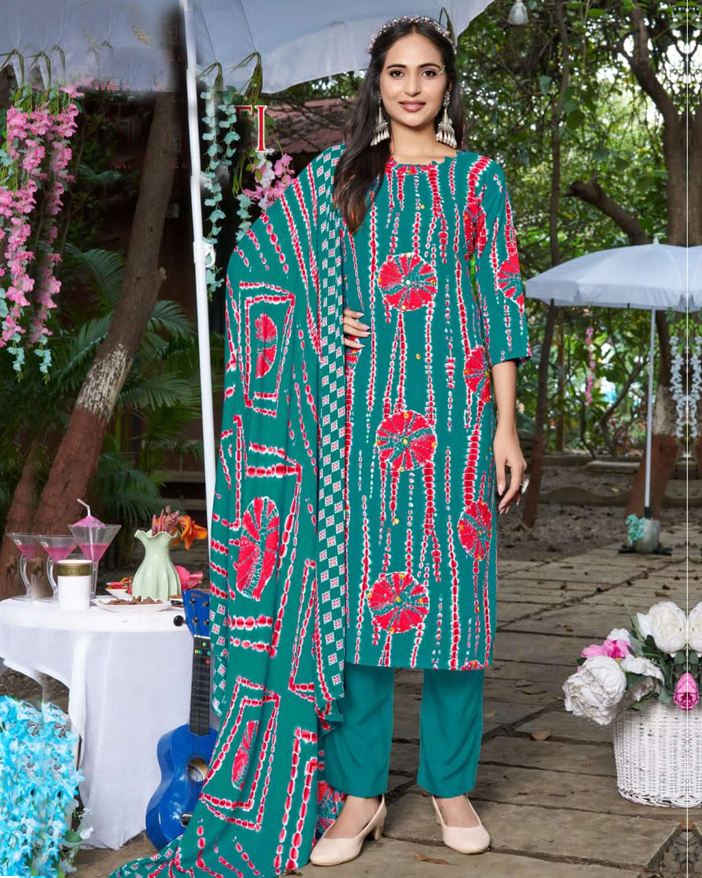 Petrol Blue Viscose Rayon Bandhani Mirror Crafted Graceful Drape
