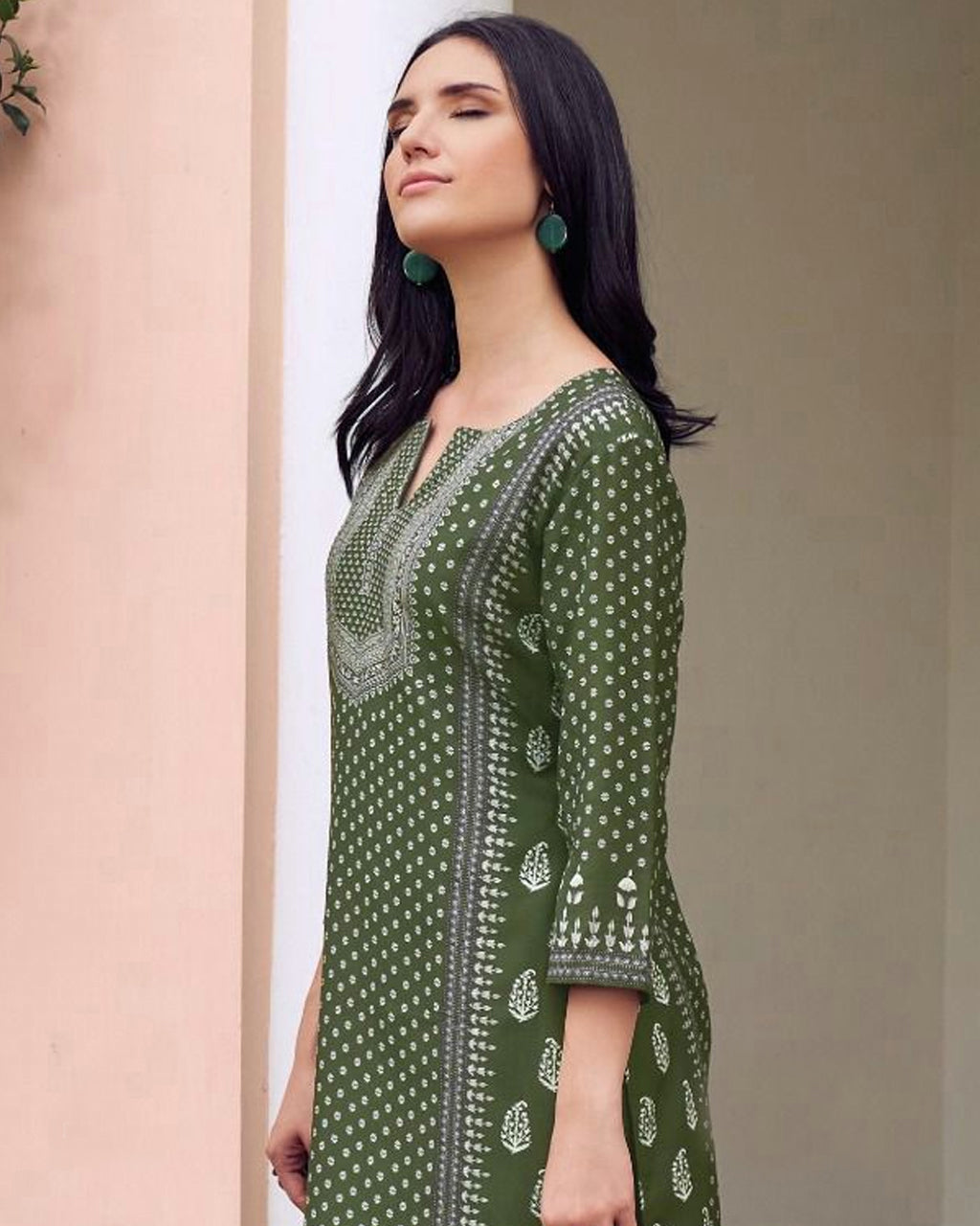 Army Green Muslin Digital Print Rhinestone Embellished Grace Set