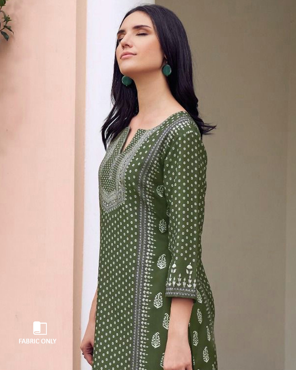 Army Green Muslin Unstitched Dress Material With Beautiful Rhinestones Work