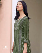 Army Green Muslin Unstitched Dress Material With Beautiful Rhinestones Work