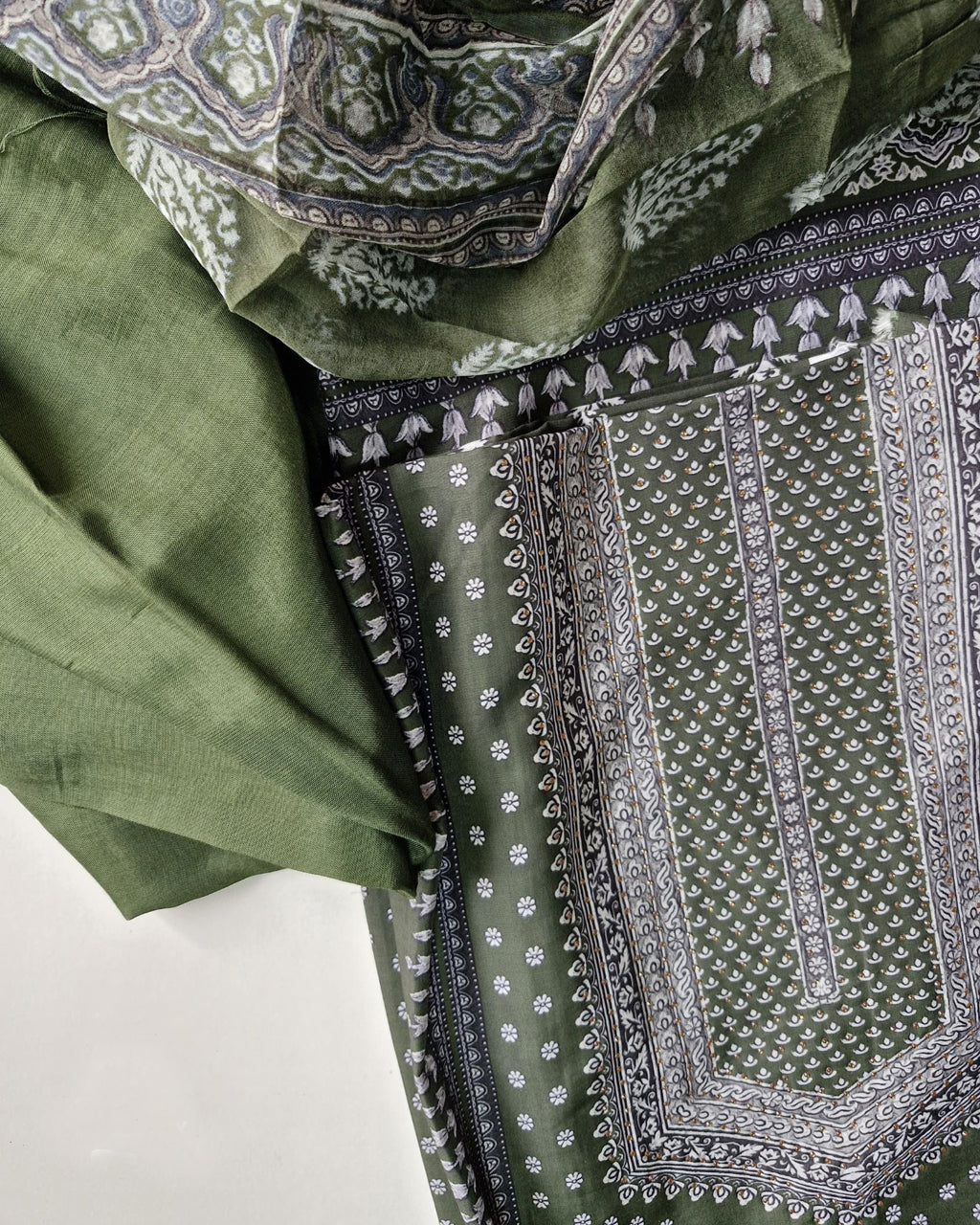 Army Green Muslin Digital Print Rhinestone Embellished Grace Set