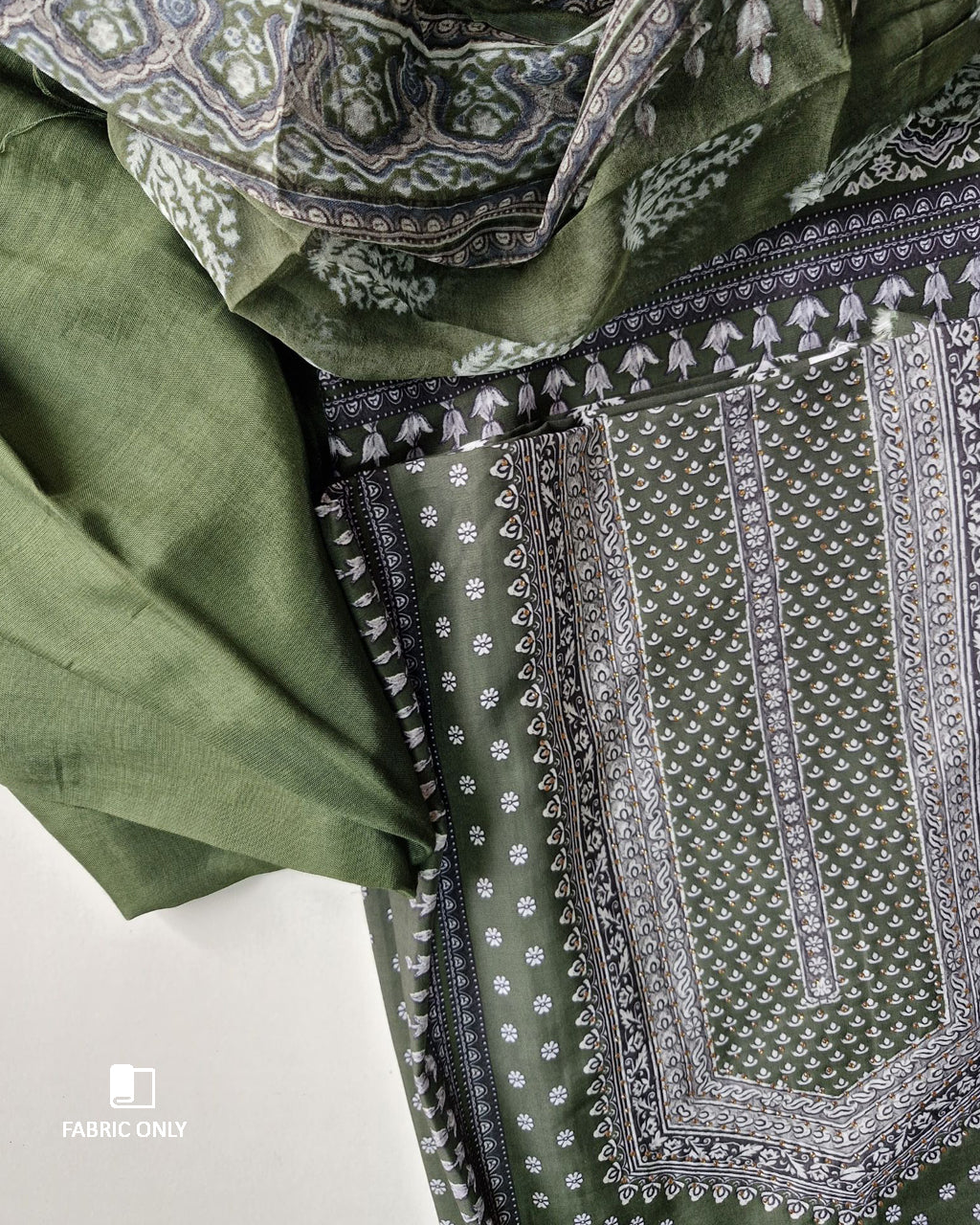 Army Green Muslin Unstitched Dress Material With Beautiful Rhinestones Work
