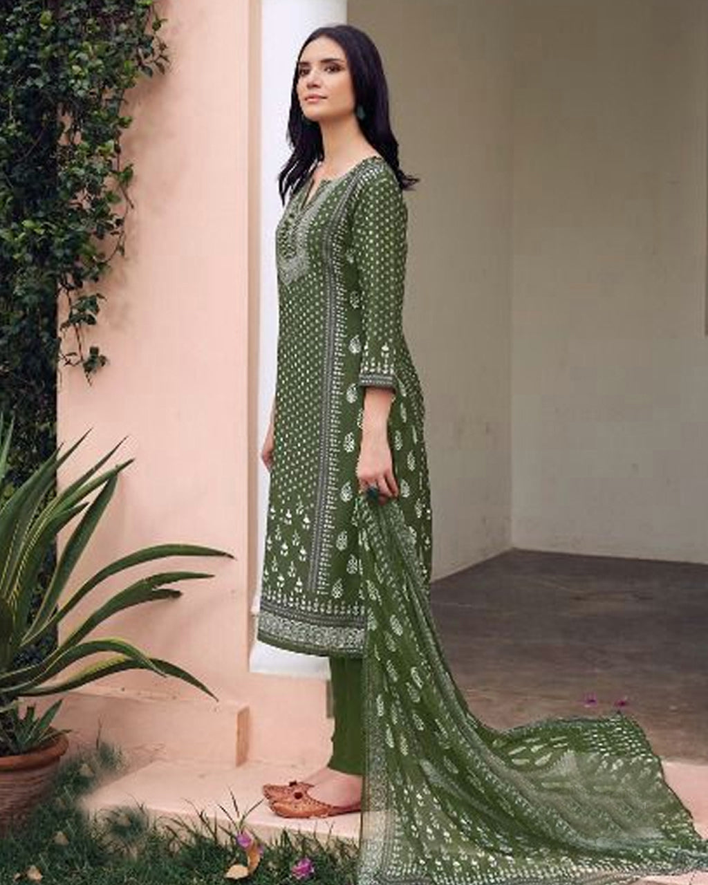 Army Green Muslin Digital Print Rhinestone Embellished Grace Set