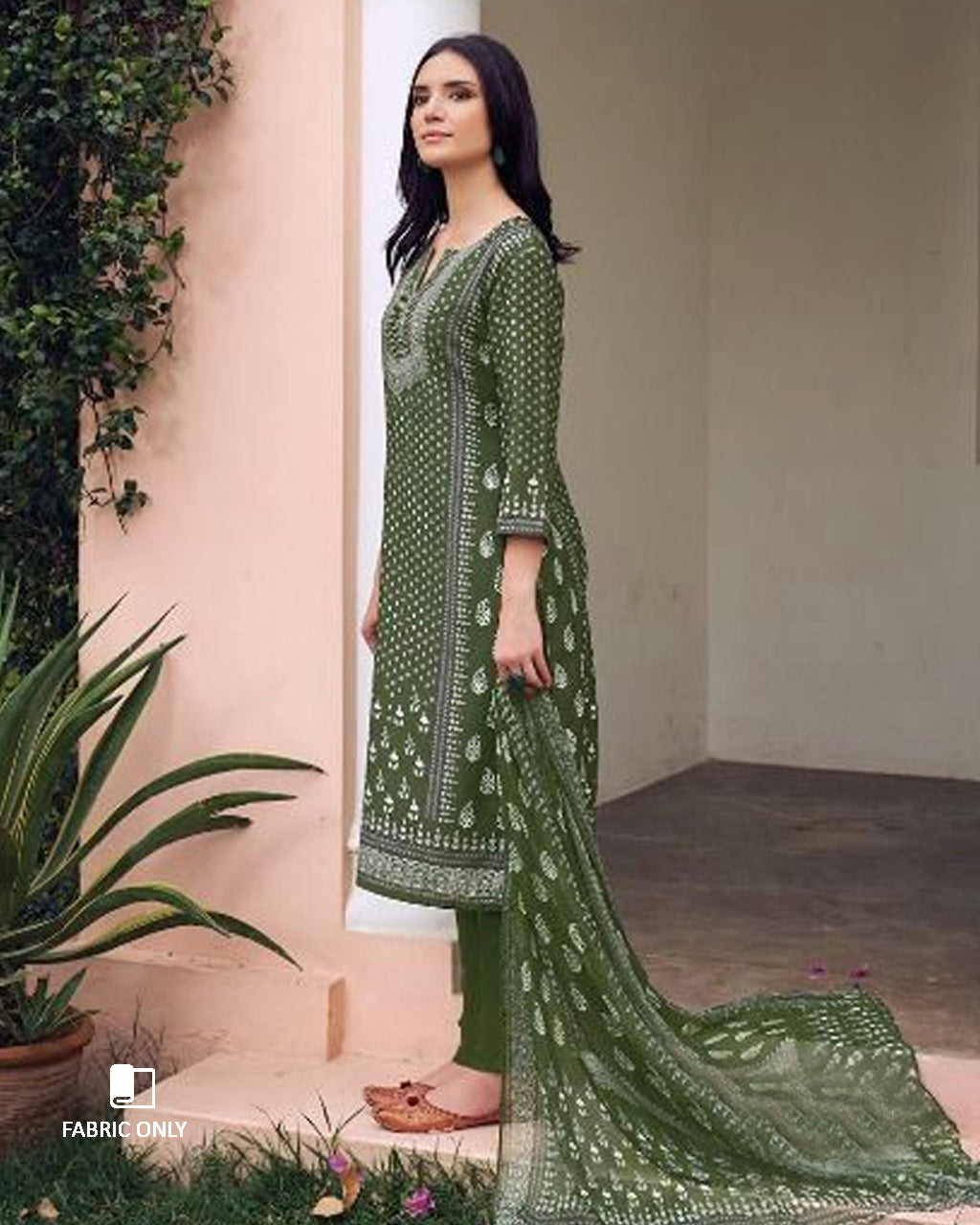 Army Green Muslin Unstitched Dress Material With Beautiful Rhinestones Work