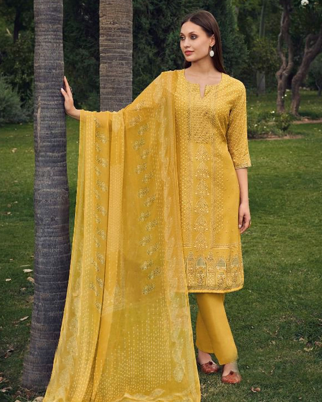 Baroque Yellow Muslin With Beautiful Rhinestones Work