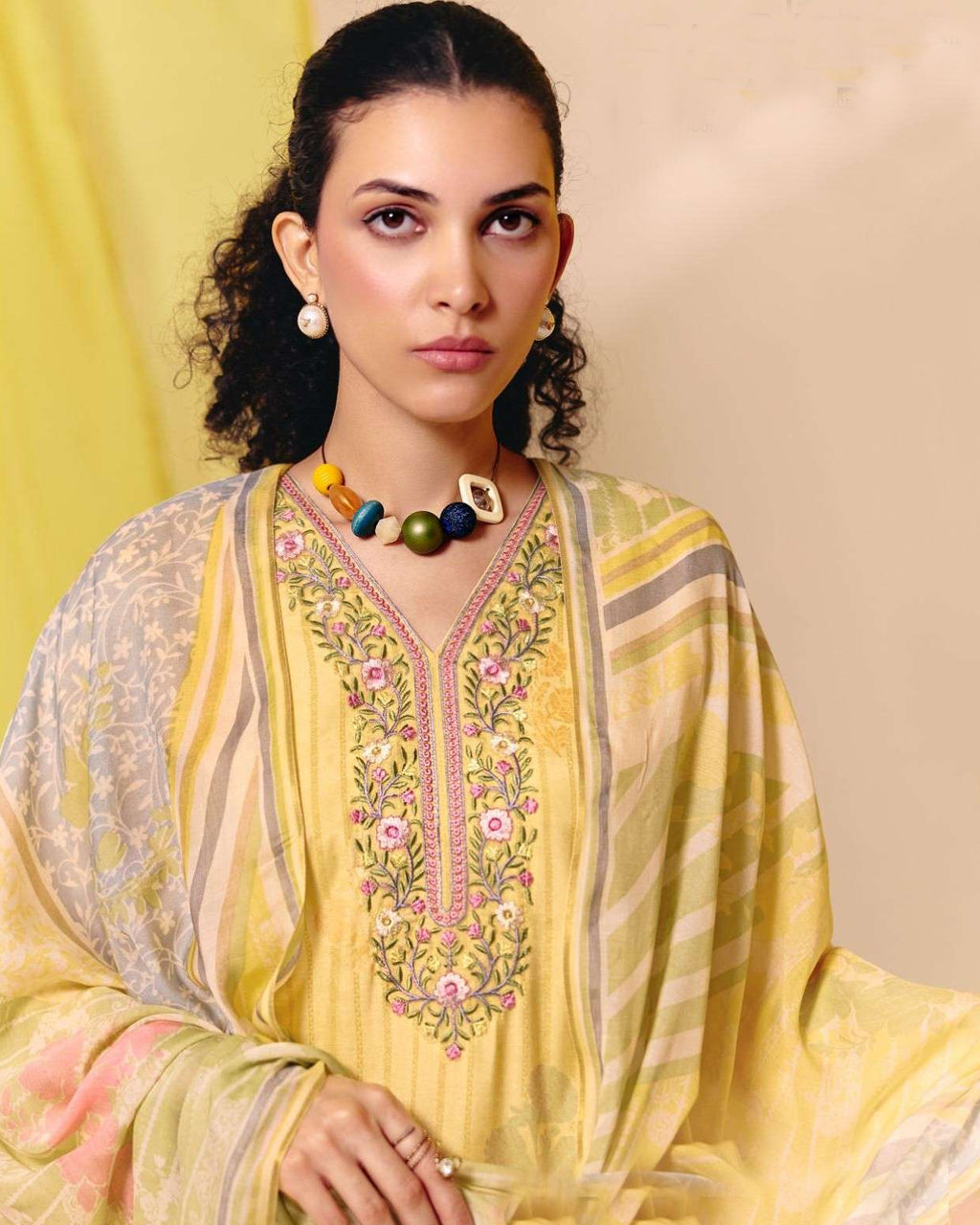 Arylide Yellow Muslin Digital Print Embroidered Bloom Story