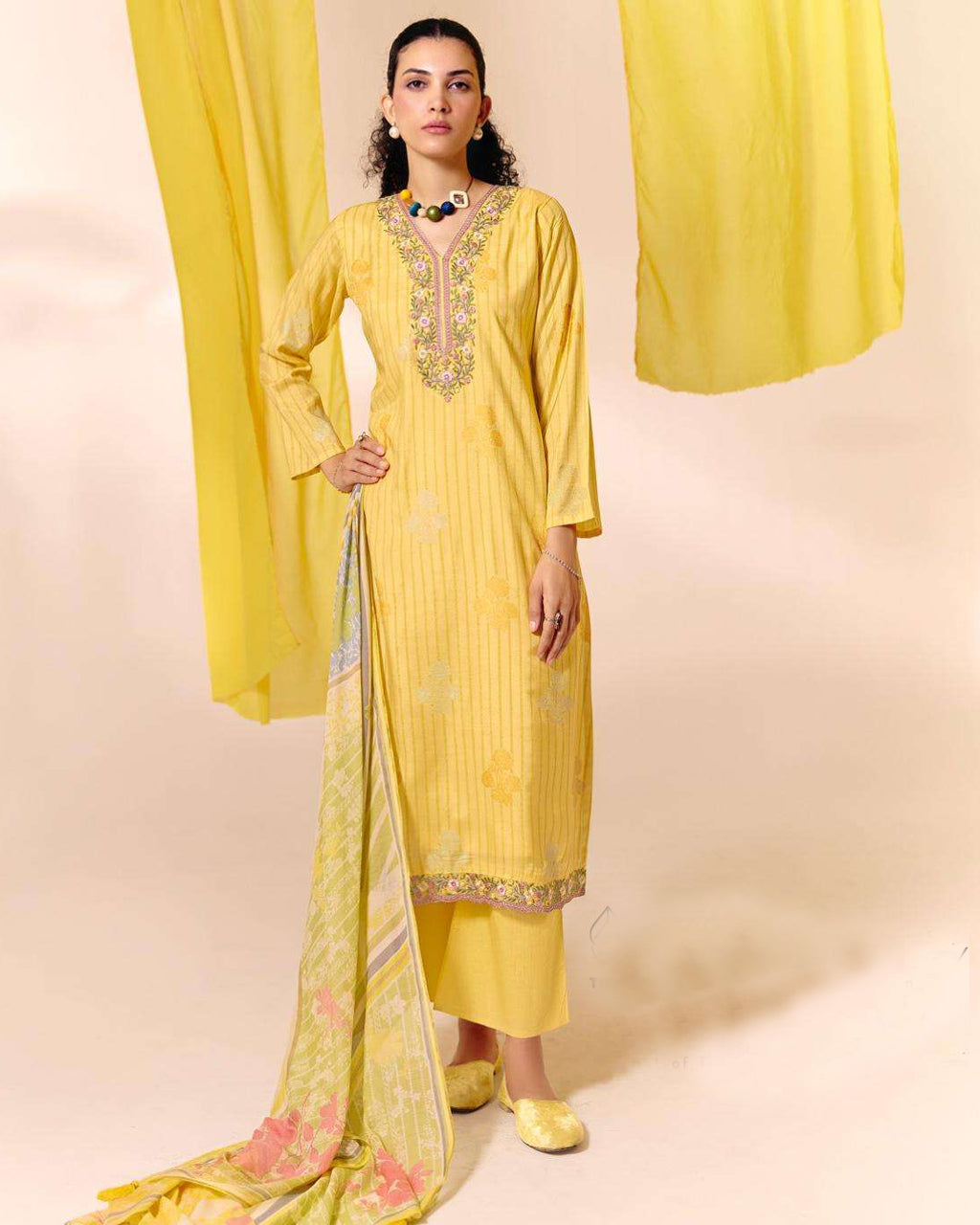 Arylide Yellow Muslin Digital Print Embroidered Bloom Story