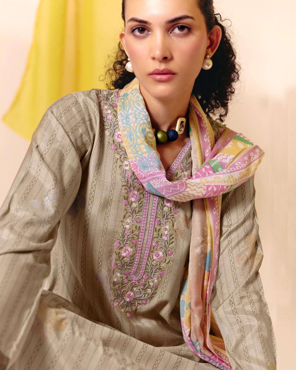 Kiln Clay Beige Viscose Muslin Digital Printed With Daman Embroidery Modern Muse