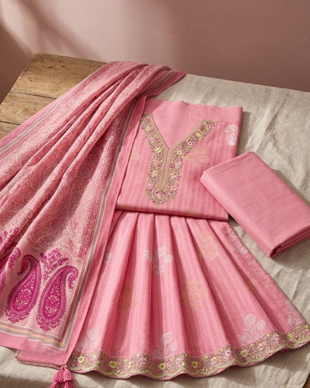 Dimple Pink Viscose Muslin Digital Print Daman Embroidered Harmony