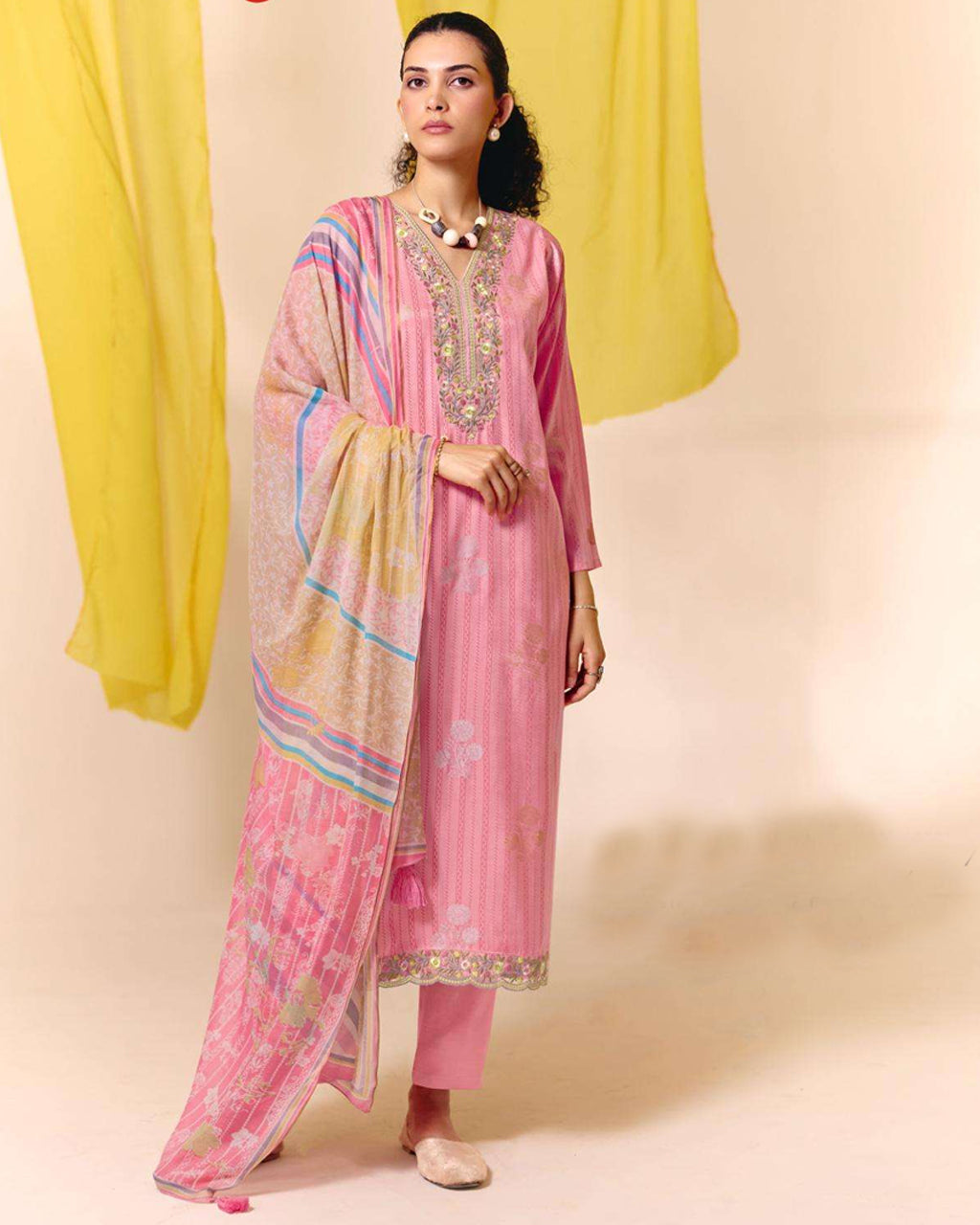 Dimple Pink Viscose Muslin Digital Print Daman Embroidered Harmony