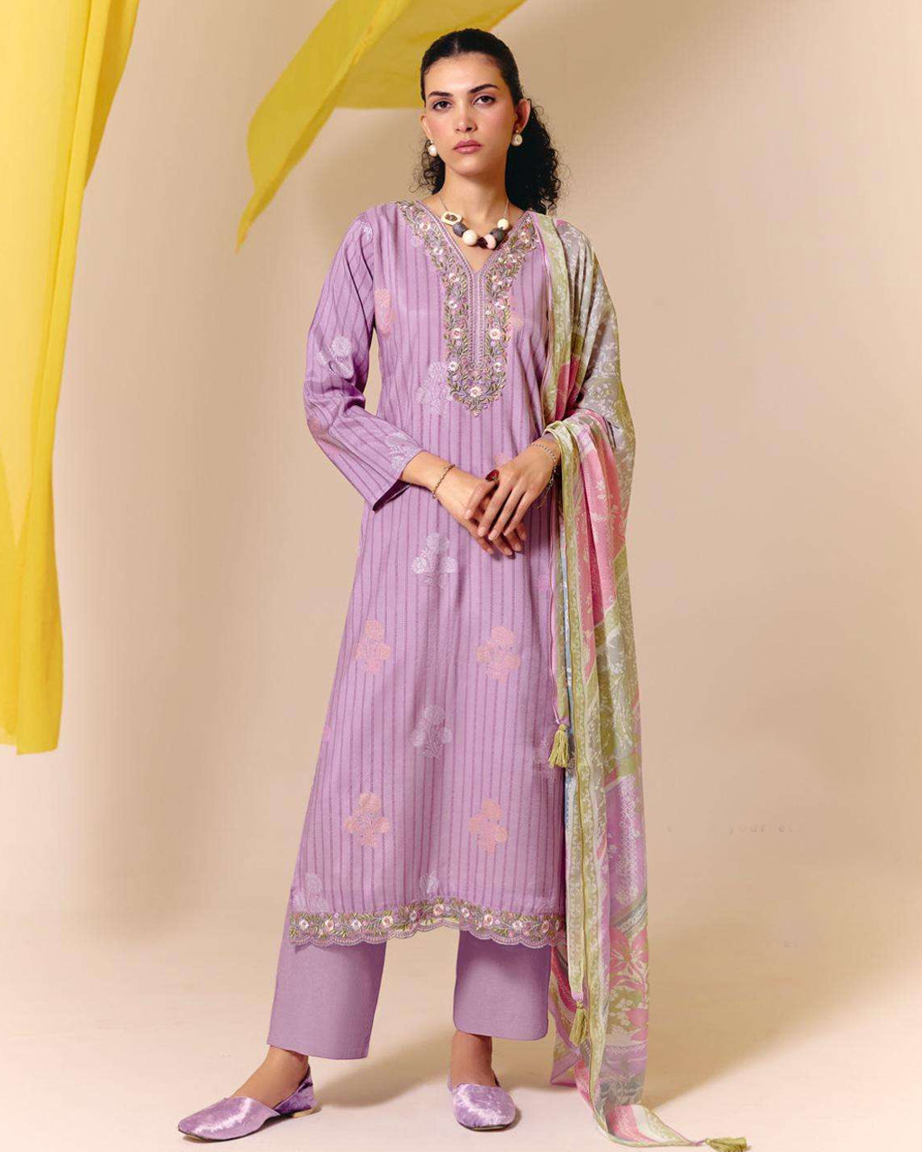 Purception Purple Muslin Digital Print Embroidered Grace Set