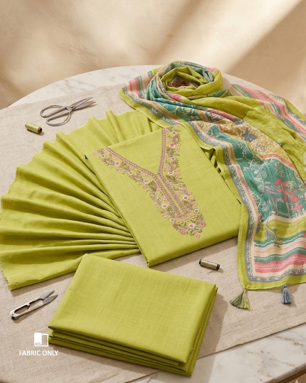Palm Frond Green Viscose Muslin Digital Print Daman Embroidered Daylight Story