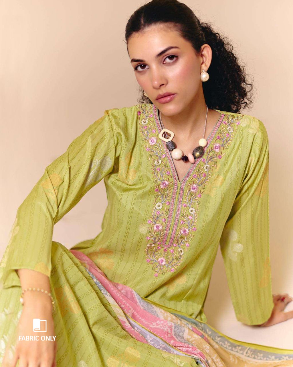 Palm Frond Green Viscose Muslin Digital Print Daman Embroidered Daylight Story