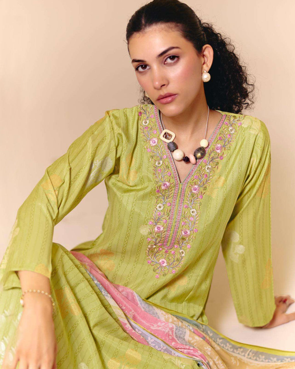 Palm Frond Green Viscose Muslin Digital Print Daman Embroidered Daylight Story