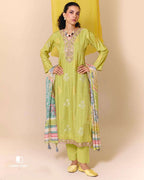Palm Frond Green Viscose Muslin Digital Print Daman Embroidered Daylight Story