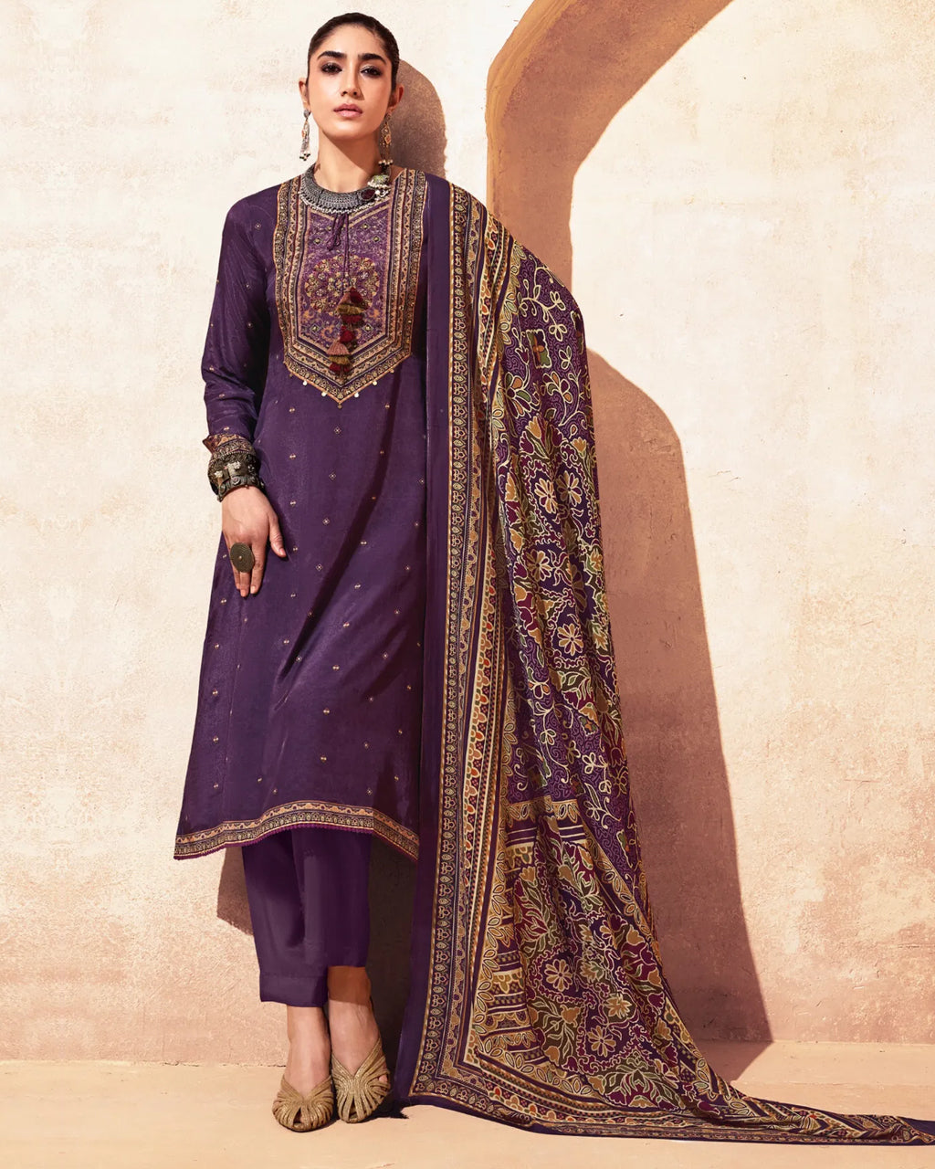 Berry Wine Purple Bemberg Muslin Silk Khatli Embellished Regal Set
