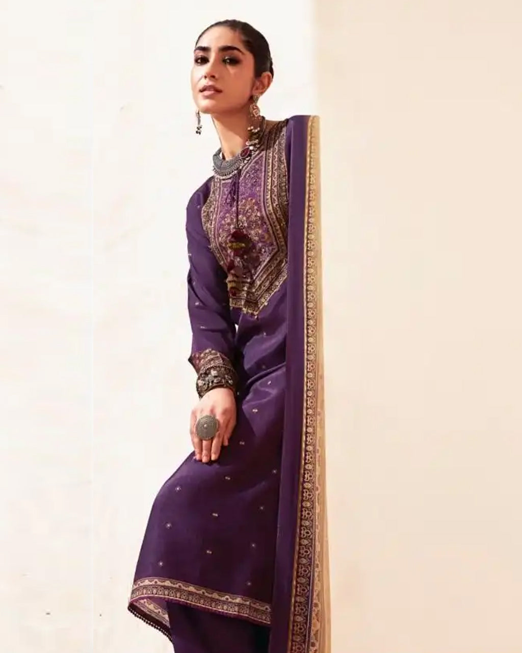 Berry Wine Purple Bemberg Muslin Silk Khatli Embellished Regal Set