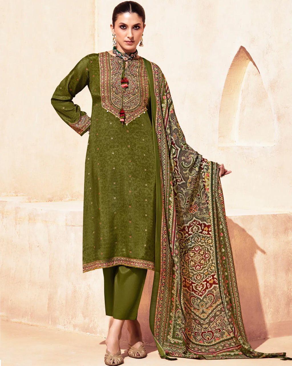 Field Drab Green Bemberg Muslin Silk Khatli Crafted Regal Edit