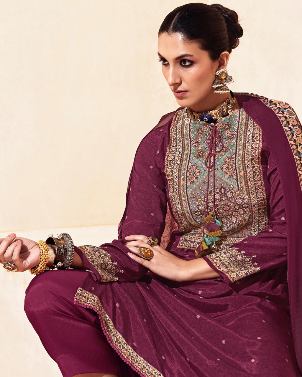 Scarlet Maroon Bemberg Muslin Silk Khatli Work Radiance