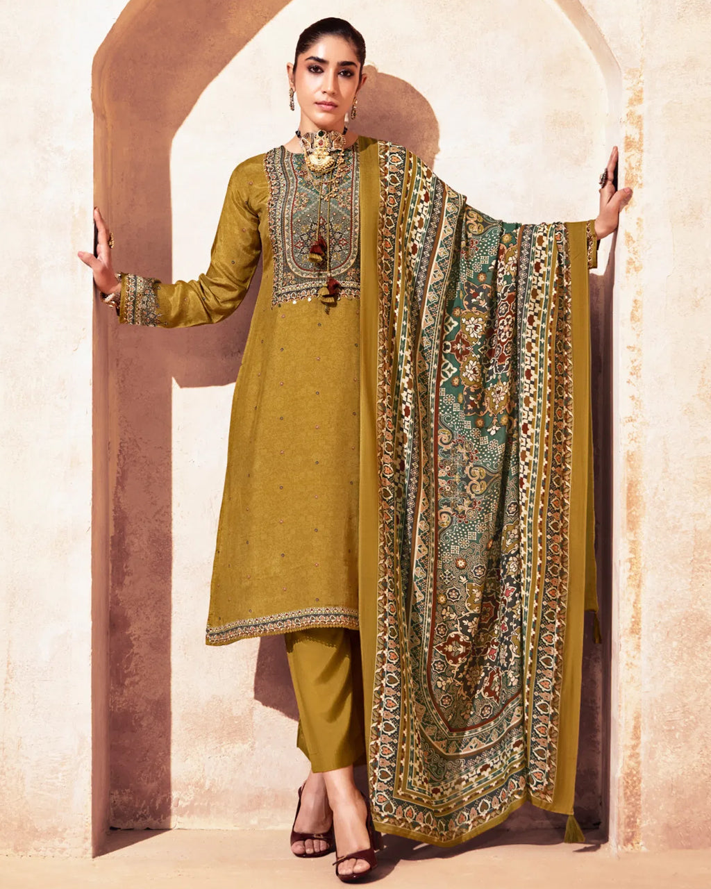 Nugget Gold Bemberg Muslin Silk Khatli Embellished Luxe Story