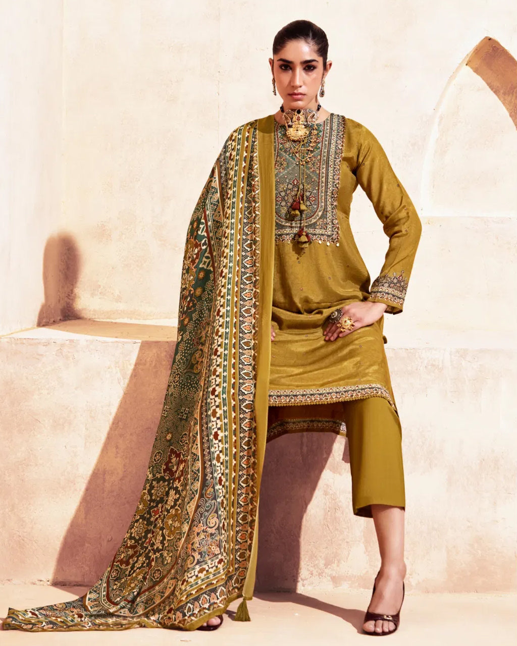 Nugget Gold Bemberg Muslin Silk Khatli Embellished Luxe Story