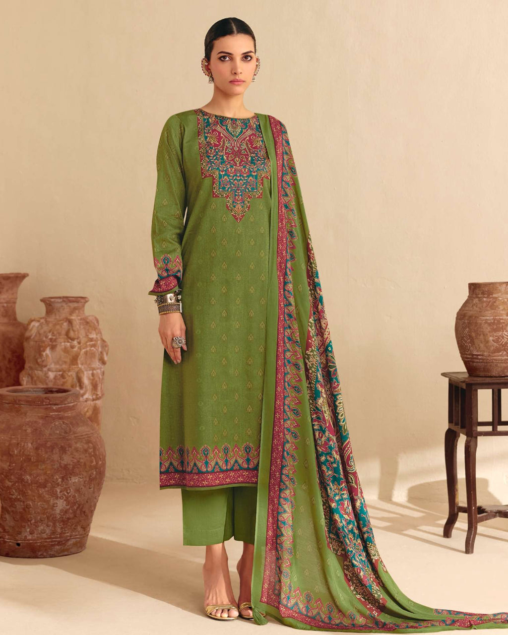 Jungle Vibes Green Jam Cotton With Khatli Hand Work Charm With Modern Prints