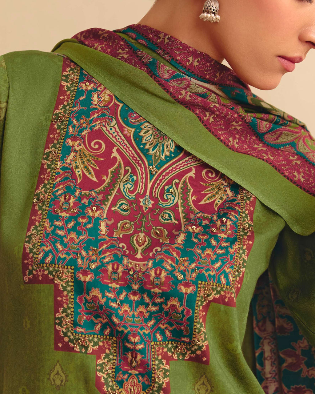Jungle Vibes Green Jam Cotton With Khatli Hand Work Charm With Modern Prints