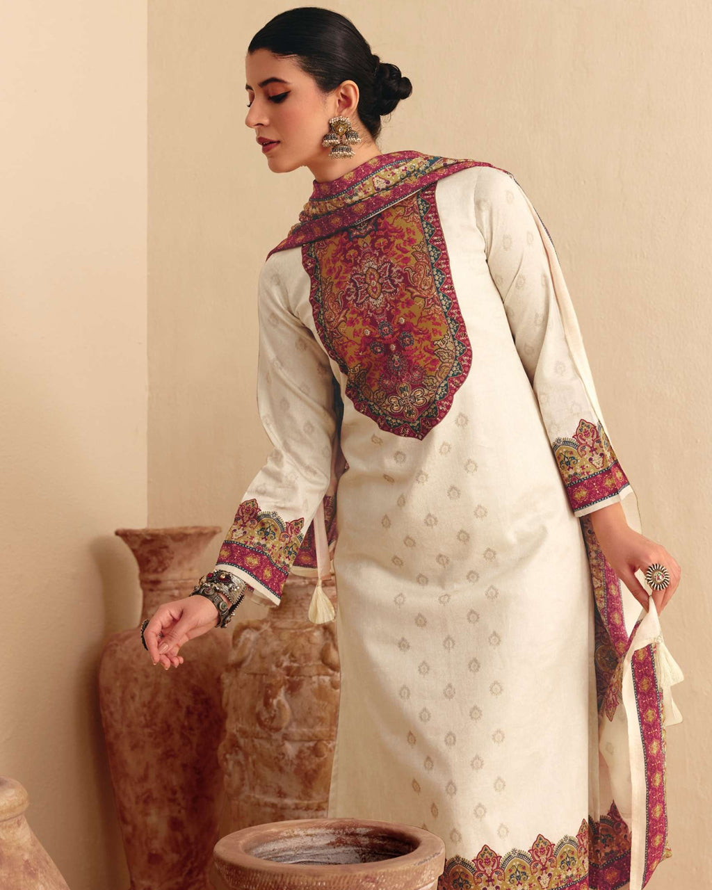 Crystal Cut White Jam Cotton Khatli Hand Crafted Soft Ivory