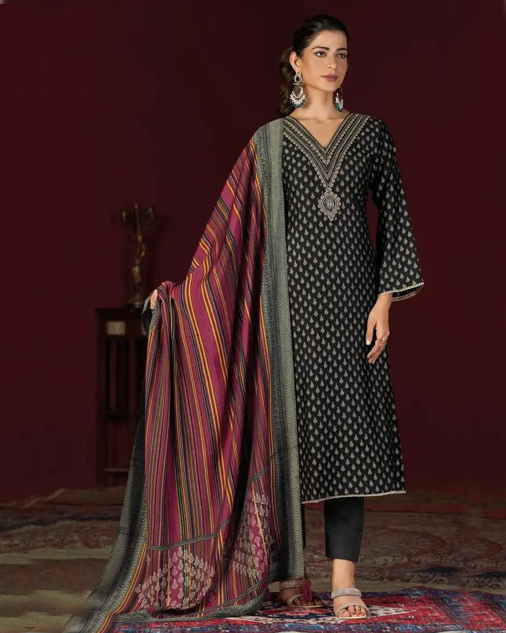 Smoky Charcoal Black Muslin Silk Digital Foil Printed Ensemble
